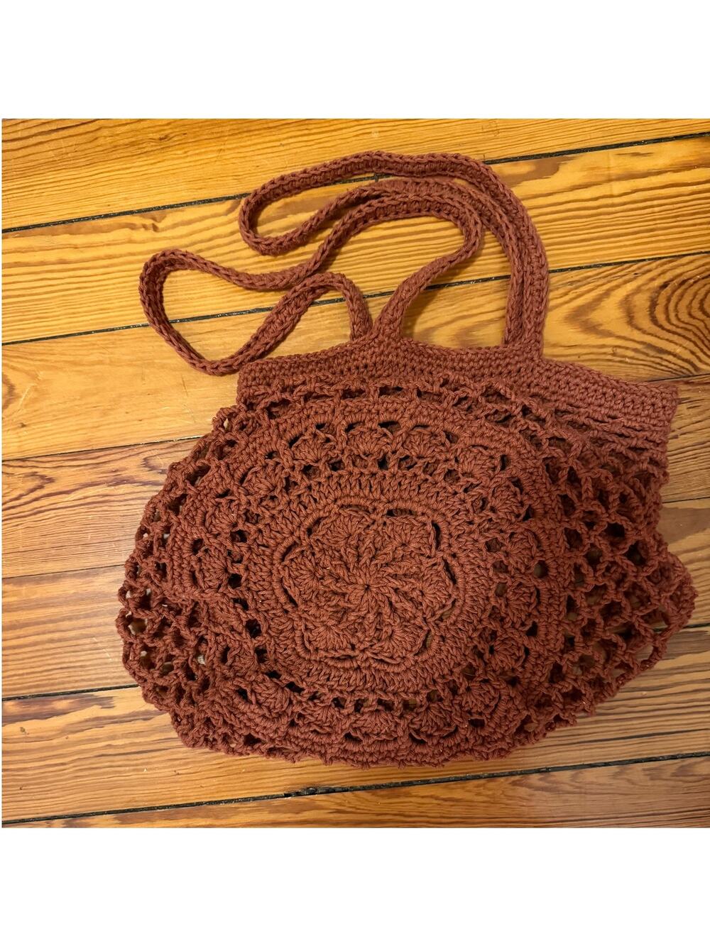 Handmade Cotton Crochet Market Bag Rust Brown Sakura Flower Tote